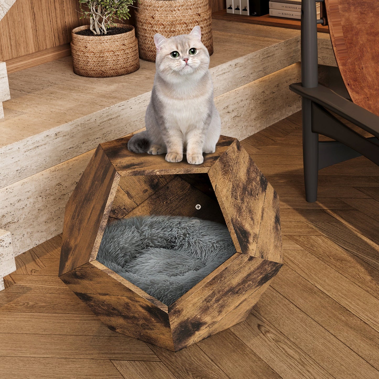 25.98'' Shaped Modern Pet Furniture Cat Kennel Side Table MDF Multi-Purpose Furniture Antique Wood Color - Detail Angle 7 | Majestic Pet Kingdom