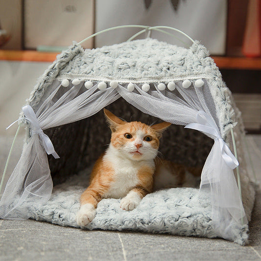 Cat Bed Semi-Enclosed Soft Plush Igloo Sleeping Cave Nest Mat