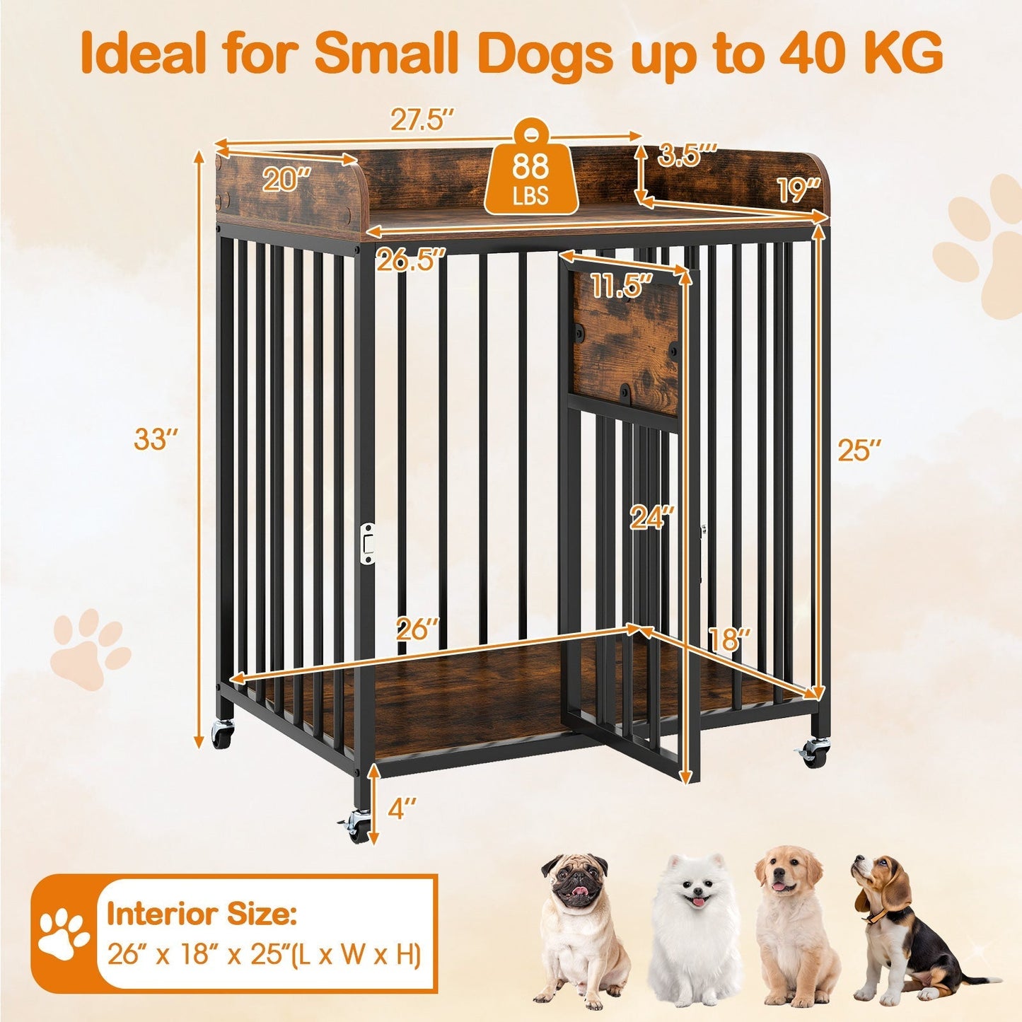 Dog Crate Furniture 27.5-Inch Wooden Rolling Kennel on Wheel