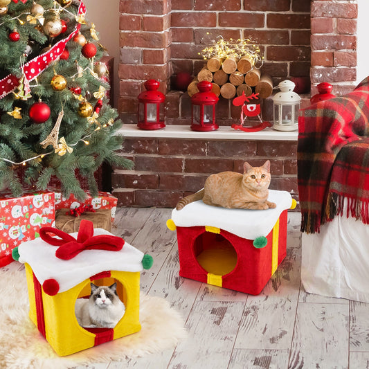 2 Gift Box Shaped Cute Christmas Cat House with Bow-Multicolor | Purrfect Pet Kingdom