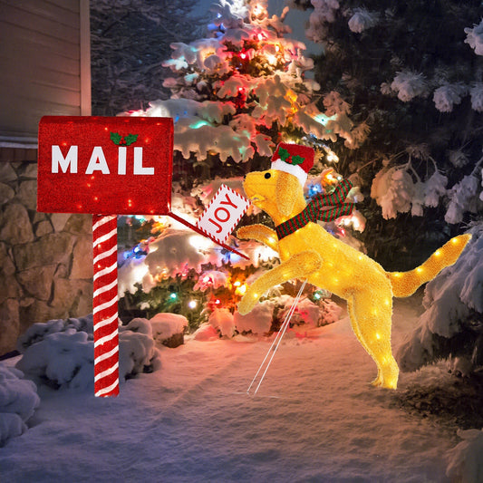 Christmas Mailbox Yard Decoration with Dog & 120 LED Lights - Detail Angle 2 | Majestic Pet Kingdom