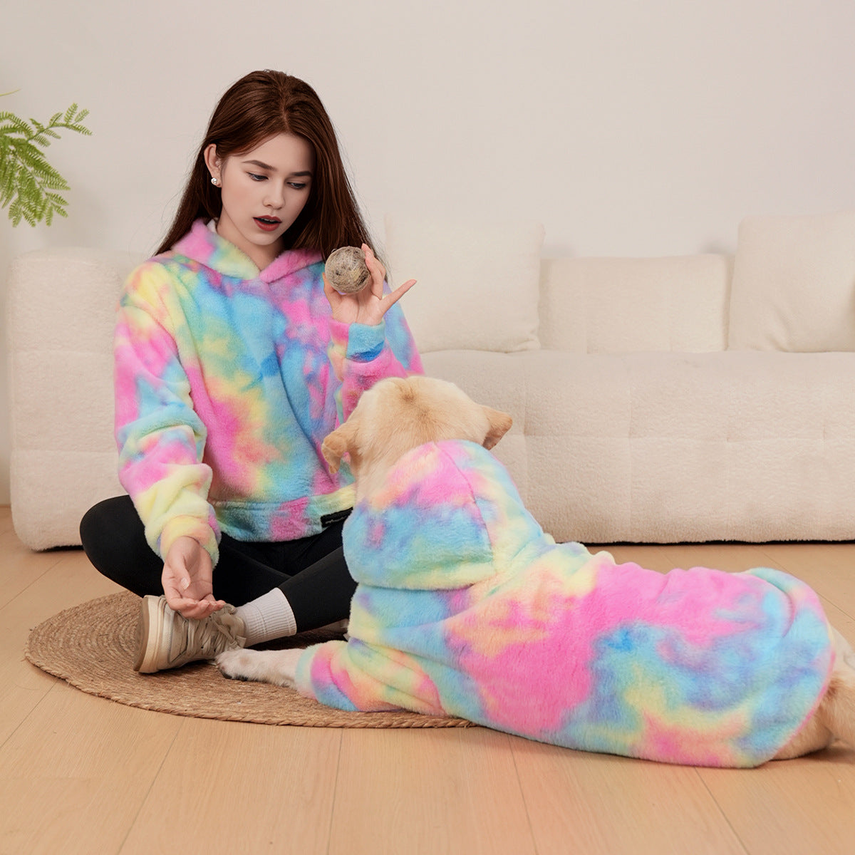 Dog Hoodie Tie-Dye Rainbow Faux Rabbit Fur Warm Winter Coat - Detail Angle 3 | Majestic Pet Kingdom