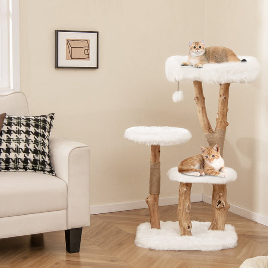 44 Inch Solid Wood Cat Tree with Perch and Natural Jute Scratching Posts-White - Majestic Pet Kingdom