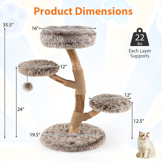Cat Tree Solid Pear Wood with Perch and Natural Jute Scratching Posts-Brown - Majestic Pet Kingdom