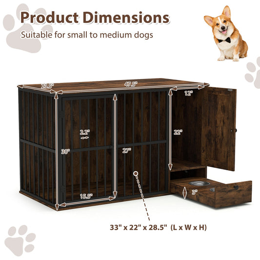 Dog Crate Furniture 47.5in Wooden Kennel Pull-Out Feeder Bowls - Detail Angle 2 | Majestic Pet Kingdom