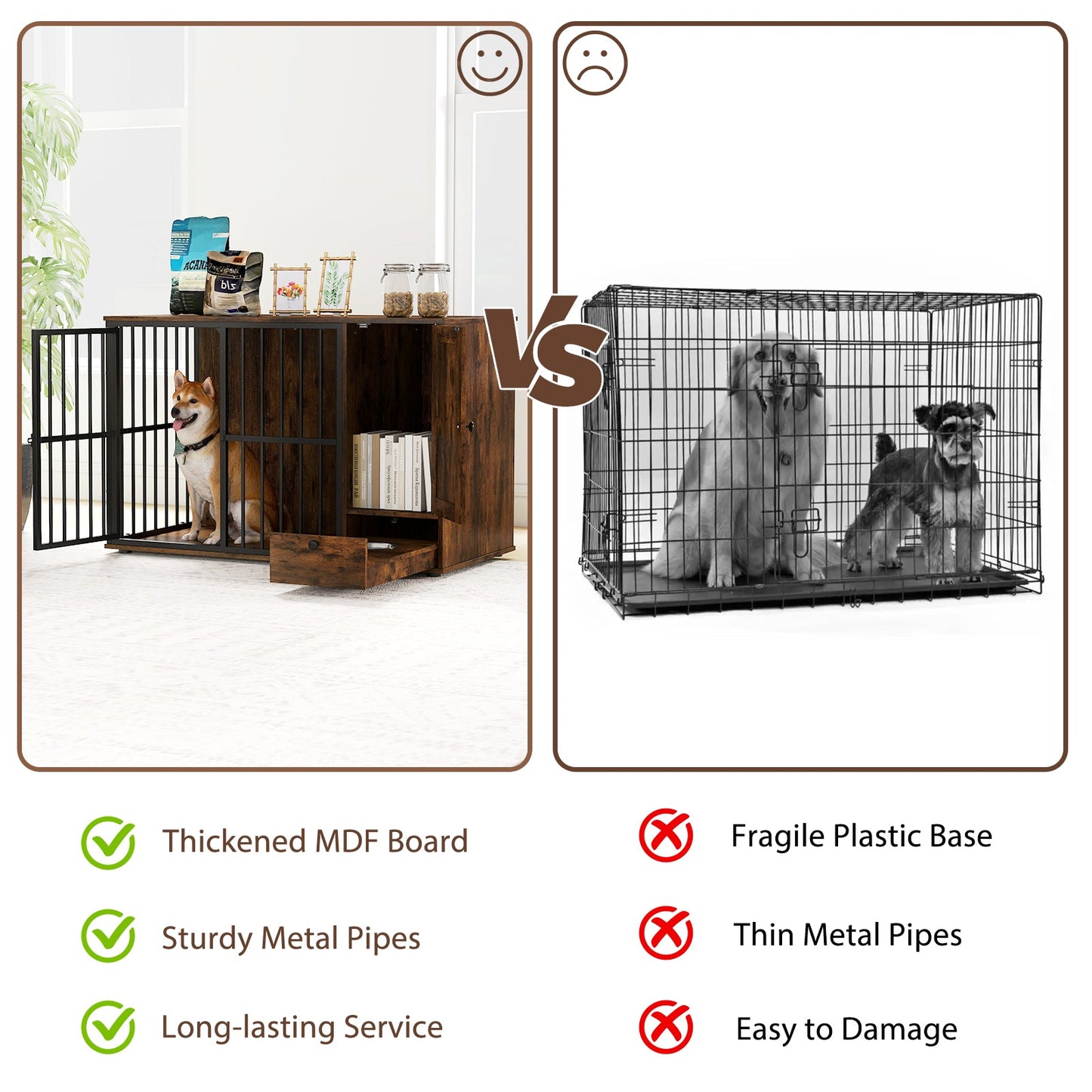 Dog Crate Furniture 47.5in Wooden Kennel with Pull-Out Bowls