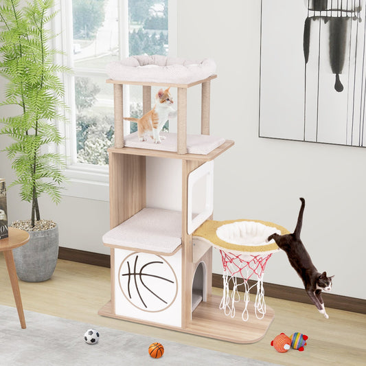 47 Inches Wooden Cat Tree with 2-Story Cat Condo and Basketball Hoop Hammock-Natural - Majestic Pet Kingdom