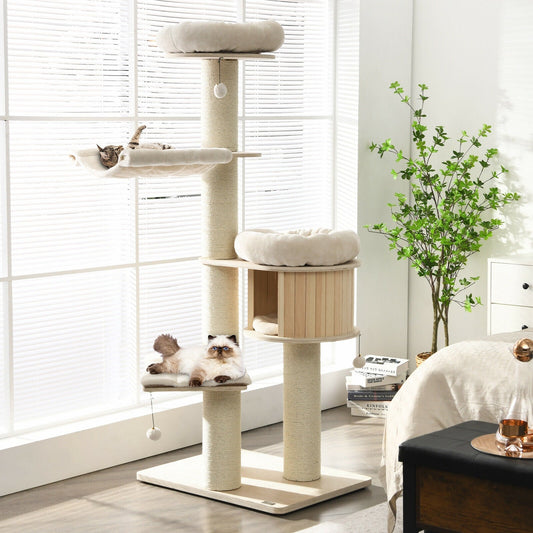 4-Layer 68.5-Inch Wooden Cat Tree Condo Activity Tower with Sisal Posts-Natural - Majestic Pet Kingdom