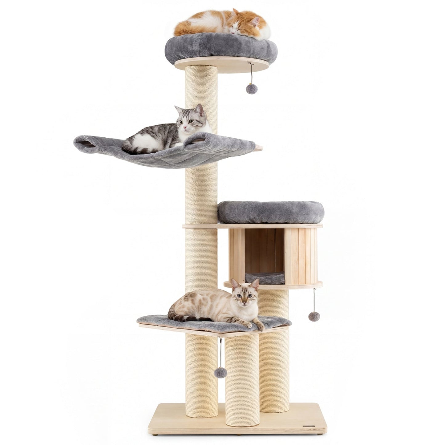 4-Layer 68.5-Inch Wooden Cat Tree Condo Activity Tower with Sisal Posts-Natural - Majestic Pet Kingdom