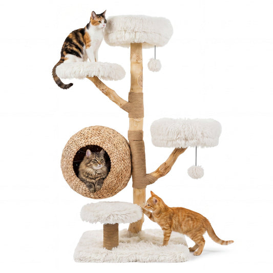 5-Tier Wooden Cat Tree with Woven Condo Plush Perches Jute Posts & Balls - Majestic Pet Kingdom