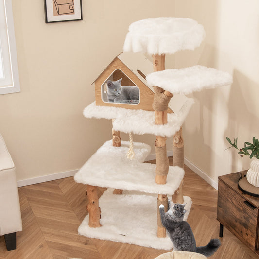 60 Inch Tall Solid Wood Cat Tree Modern Wooden Cat Tower with 2 Perches-White - Majestic Pet Kingdom