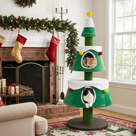 61.5" Christmas Tree Cat Tower with 2 Condos & Scratching Posts - Majestic Pet Kingdom