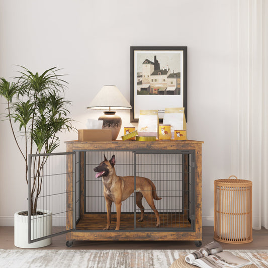 Furniture Style Dog Crate Side Table on Wheels with Double Doors and Lift Top. Rustic Brown, 43.7'' W x 30'' D x 31.1'' H. | Purrfect Pet Kingdom