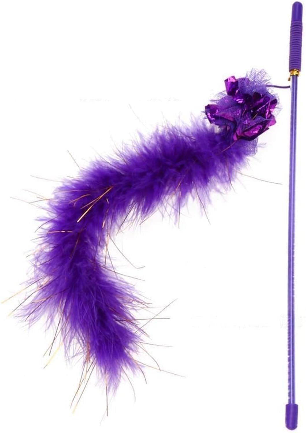 Cat Toy Purple Feather Boa Teaser Wand with Crinkle Jingle Ball - Detail Angle 7 | Majestic Pet Kingdom