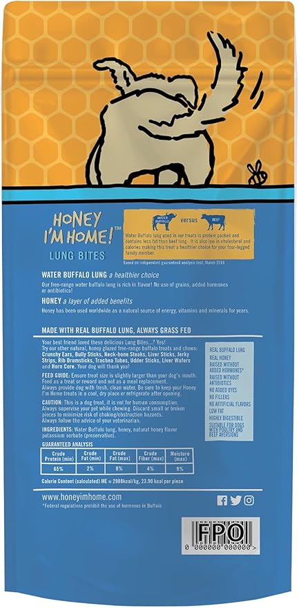 Dog Treats Honey Im Home Buffalo Lung Bites Chews 3.1oz Bag