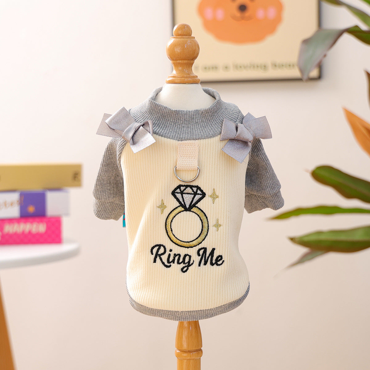 Cute Pet Small Dog Envelope Diamond Ring Crew Neck T-Shirt