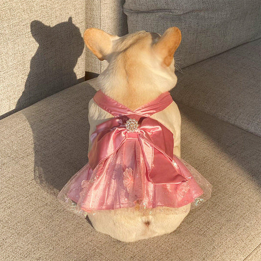 Dog Dress Breathable Mesh Skirt with Bow and Pearl Accents