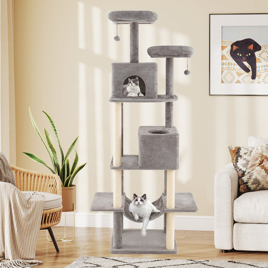 84 Inch Large Cat Tree with 2 Condos and 2 Soft Plush Perches for Indoor Cats-Gray - Majestic Pet Kingdom
