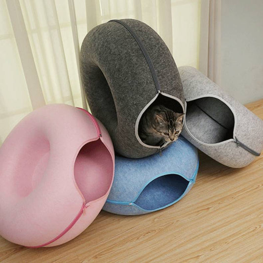 Cat Tunnel Bed Donut Shape Natural Wool Felt Cave House Toy - Detail Angle 2 | Majestic Pet Kingdom