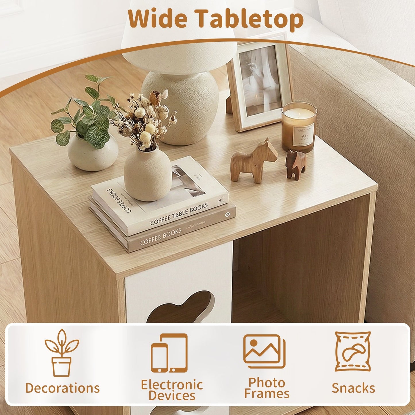 Cat Bed Side Table Wooden Cat Condo with Bone-shape Window and Thick Metal Legs-Natural | Purrfect Pet Kingdom