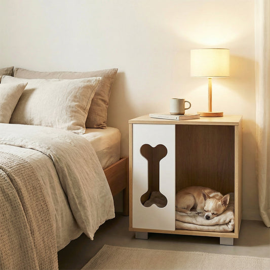 Cat Bed Side Table Wooden Cat Condo with Bone-shape Window and Thick Metal Legs-Natural | Purrfect Pet Kingdom