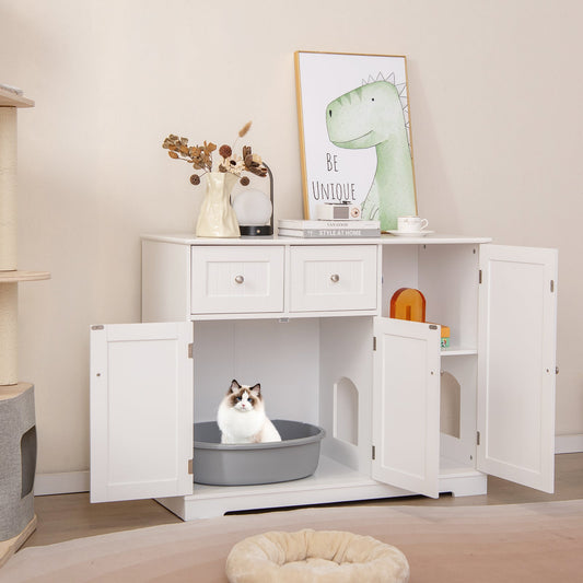 Cat Litter Box Enclosure with 2 Drawers and 3 Doors for Kittens and Adult Cats-White | Purrfect Pet Kingdom