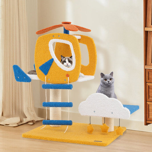 Indoor Small Aviation-themed Cat Tree Cat Tower with Helicopter Top Perch-Yellow - Majestic Pet Kingdom