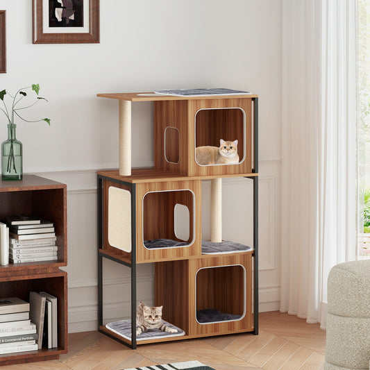 Modern Cat Tree Cat House with Metal Frame and Scratching Posts-Natural - Majestic Pet Kingdom