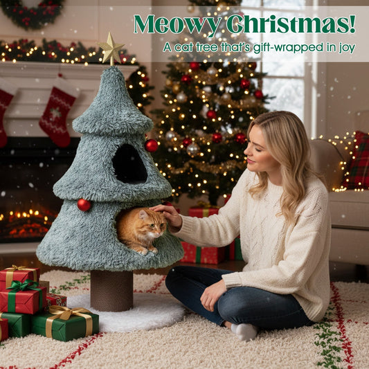 Christmas Cat Tree for Indoor Cats 48.5 inch Cute Cat Tower with 2 Large Condos Scratching Post-Green - Majestic Pet Kingdom