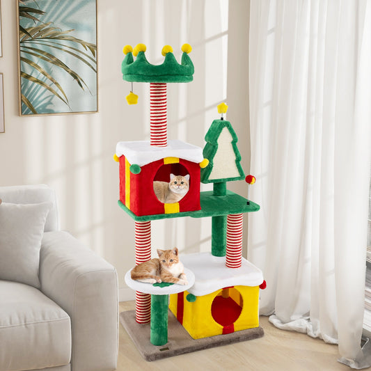 Cute Christmas Cat Tree Cat Tower for Indoor Cats with Scratching Posts and Carpet-Multicolor | Purrfect Pet Kingdom