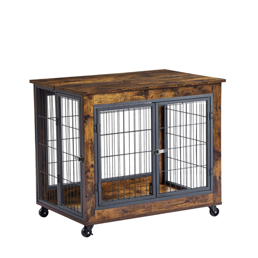 Dog Crate Furniture 31.5in Rolling End Table Lift-Top Brown - Detail Angle 2 | Majestic Pet Kingdom