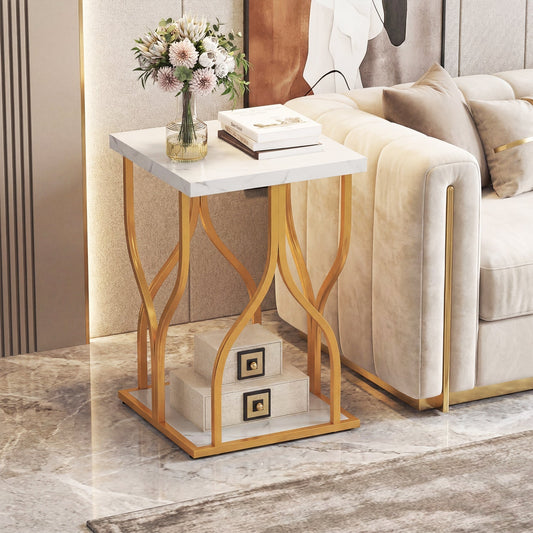 Bedside Nightstand Modern Faux Marble End Table Metal Frame - Detail Angle 2 | Majestic Pet Kingdom