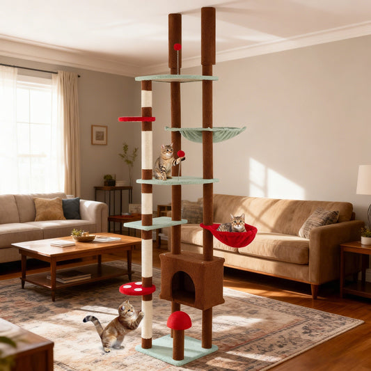 Floor to Ceiling Cat Tree Adjustable Mushroom Themed with Condo and Hammock-Brown - Majestic Pet Kingdom