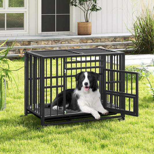 Foldable Heavy-Duty Metal Dog Cage Chew-proof Dog Crate with Lockable Universal Wheels | Purrfect Pet Kingdom