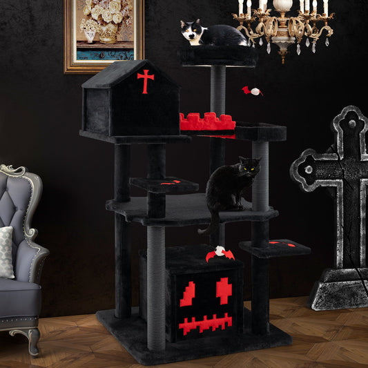 Gothic Cat Tree 49 Inch Tall Cat Tower 6-Tier Cat Activity Center with Coffin Bed-Black | Purrfect Pet Kingdom