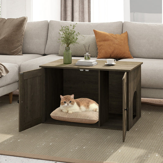 Hidden Cat Litter Box Enclosure Furniture with Divider-Oak | Purrfect Pet Kingdom