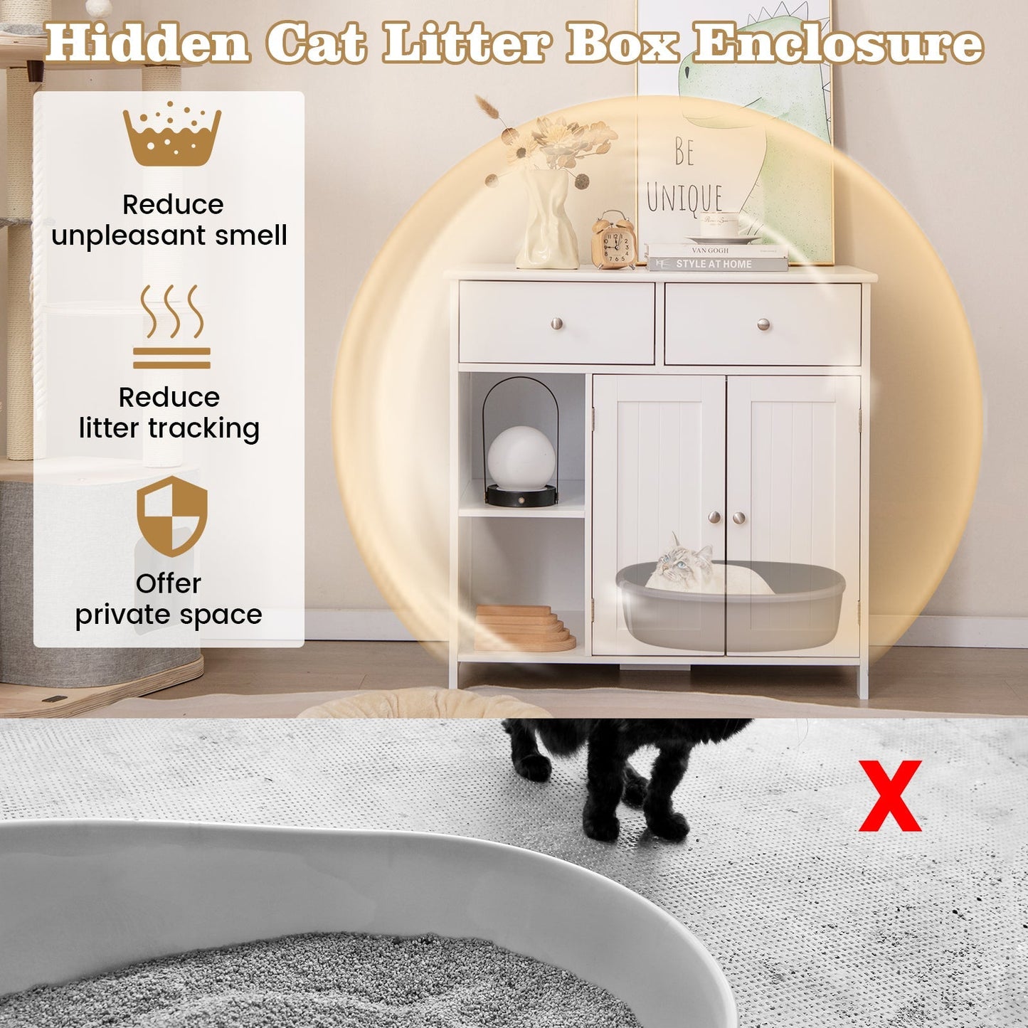 Cat Litter Box Enclosure Wooden Cabinet 2 Drawers End Table - Detail Angle 7 | Majestic Pet Kingdom