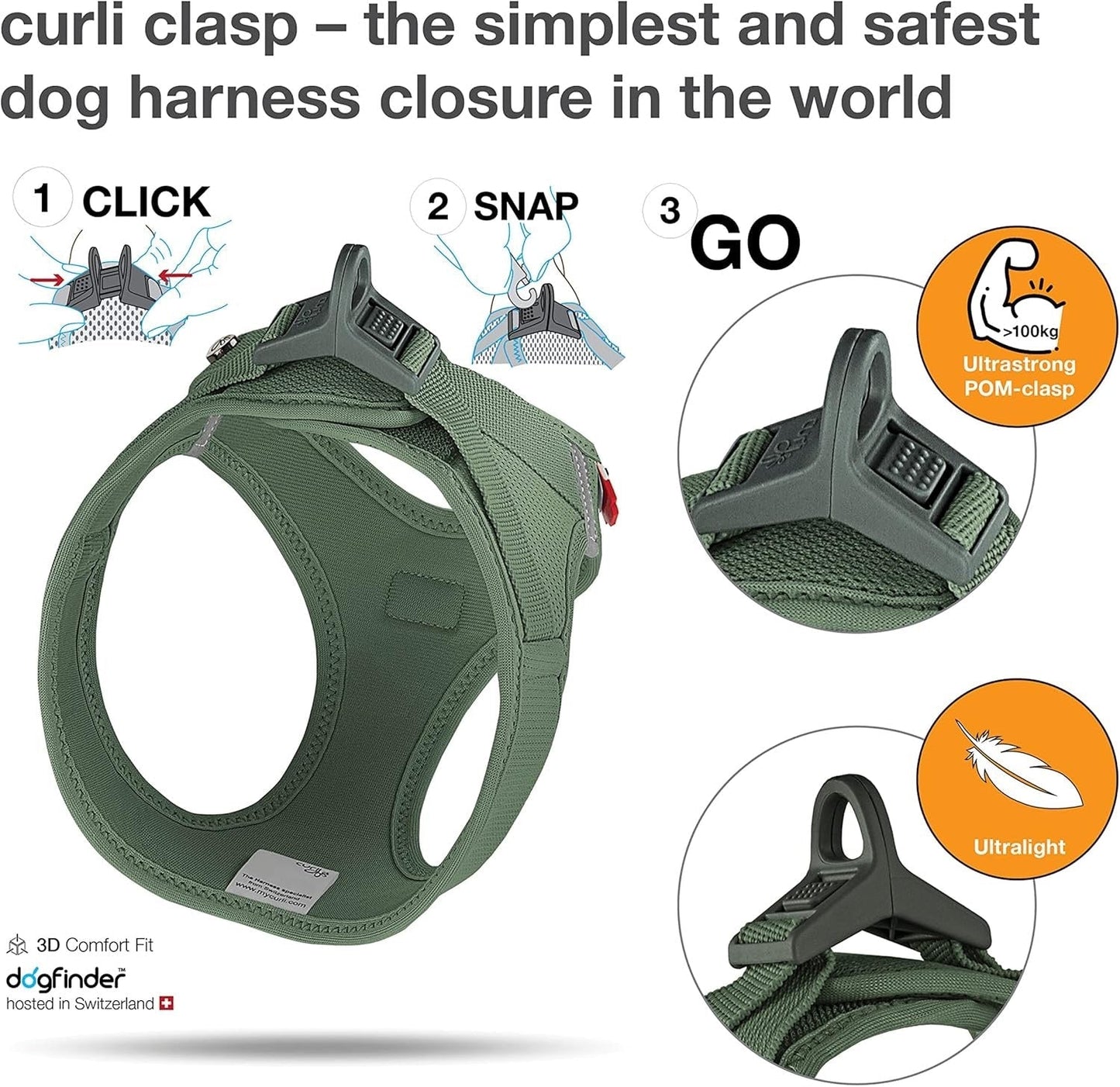 Dog Harness Curli Air Mesh Clasp Moss Green Step-In Vest