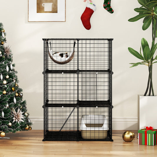 Indoor Cat Cage 3-Tier Cat Enclosure Detachable Metal Wire Kennel-Black | Purrfect Pet Kingdom