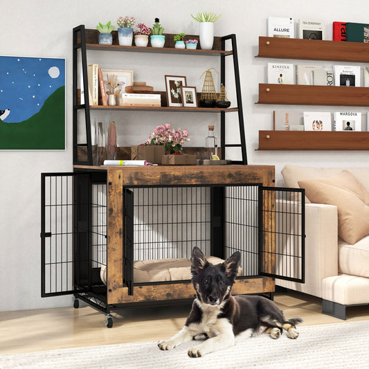Industrial Dog Kennel Dog Crate Furniture with Storage Shelves - Majestic Pet Kingdom