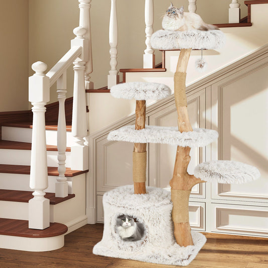 Modern Cat Tree 53 Inch Tall Natural Branch Wooden Cat Tower with Jute Scratching Posts-White - Majestic Pet Kingdom