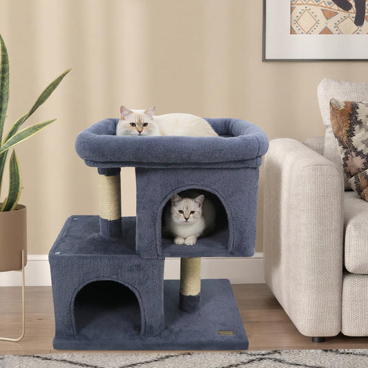 Modern Cat Tree Space-saving Cat Tower with Upholstered Perch and 2 Cat Condos - Majestic Pet Kingdom