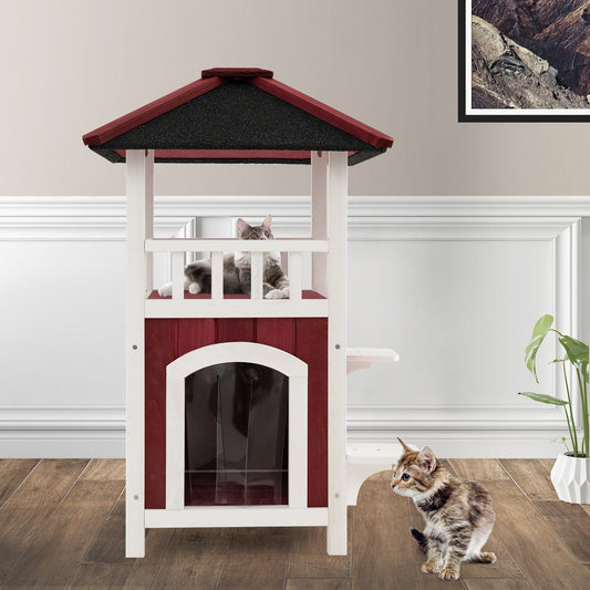 2-Story Wooden Cat House with Asphalt Roof Balcony and Rain Curtain-Red & White | Purrfect Pet Kingdom