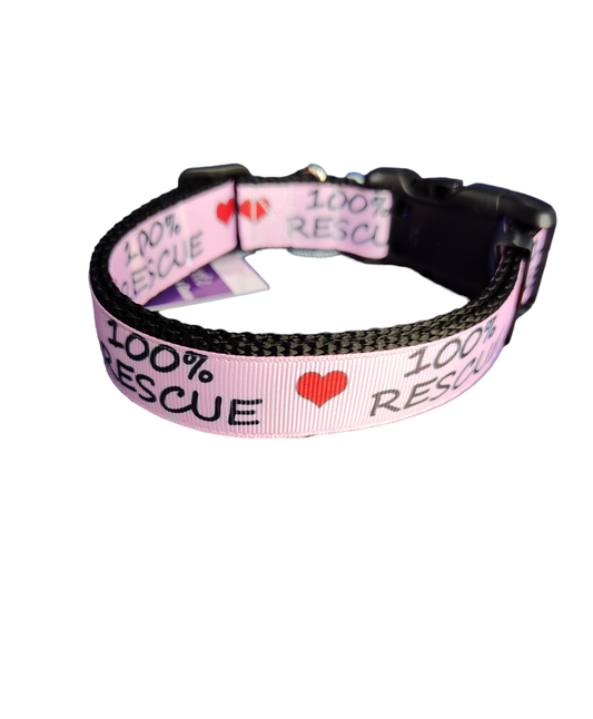 Dog Collar 100% Rescue Black Adopted Pet Typography Printed Nylon