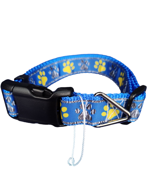 Blue And Yellow Paw Prints Blue Nylon Dog Collar MD, LG, XL, Leash | Purrfect Pet Kingdom