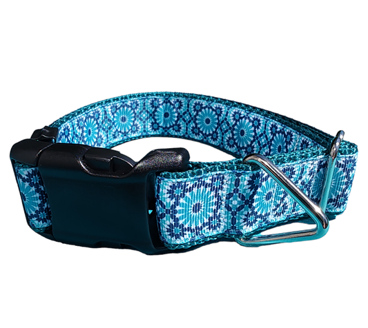 Blue Geometric Green Nylon Dog Collar MD, LG, XL, Leash | Purrfect Pet Kingdom