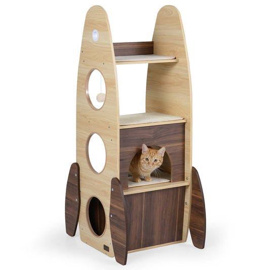 Rocket Cat Tree 47 Inch Large Wooden Cat Tower for Indoor Cats-Natural - Majestic Pet Kingdom