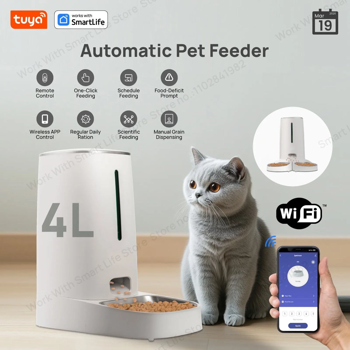 Pet Feeder 4L Automatic WiFi App Control Timed Food Dispense