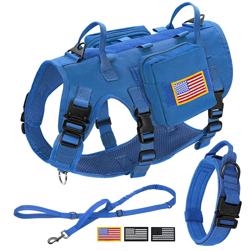 Tactical Dog Harness Collar Leash Set Military Training Pet Vest with Pouches Flags Durable Collars for Big Dogs German Shepherd - black | Purrfect Pet Kingdom