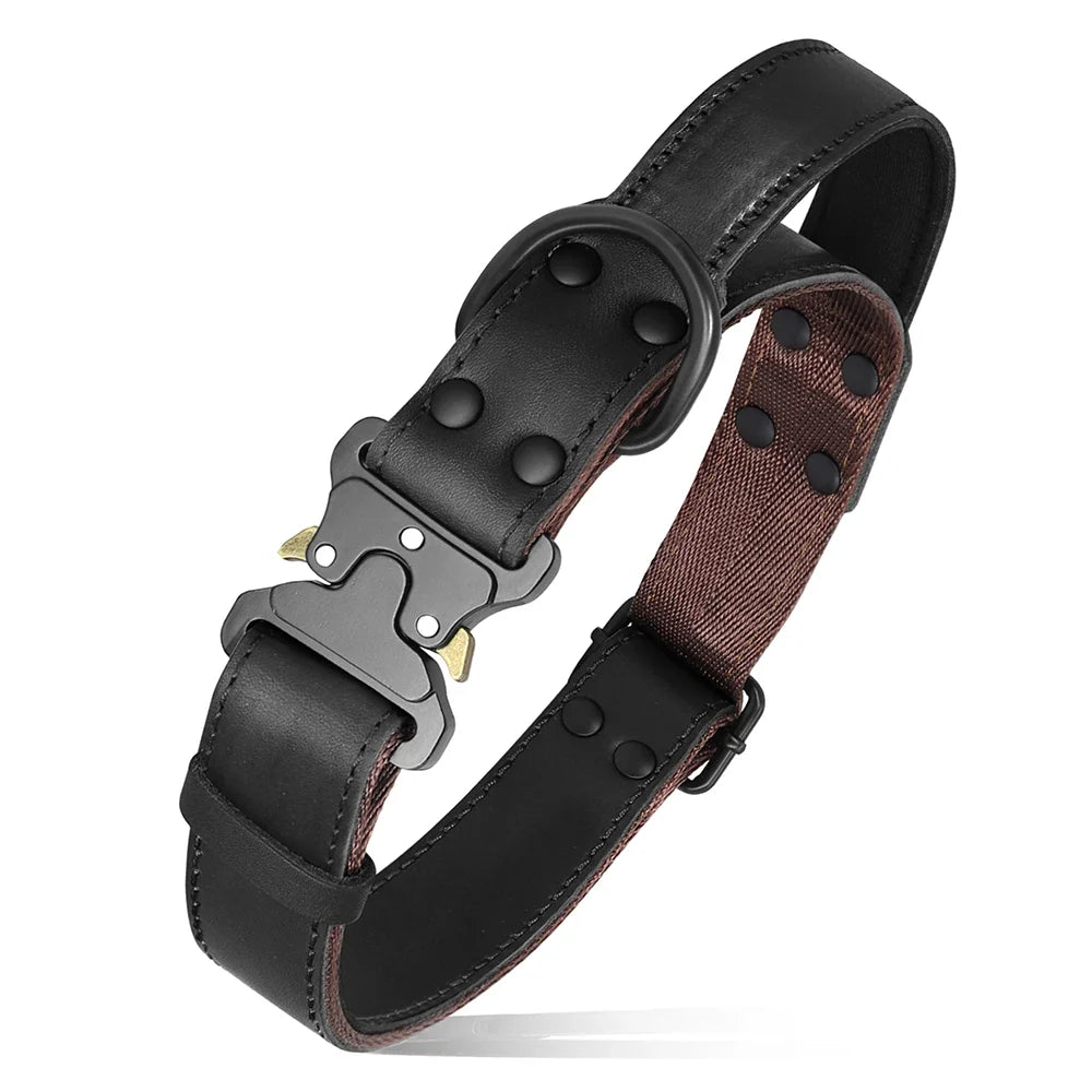 Real Leather Dog Collar With Handle Tactical Military Dog Leather Collar For Medium Large Dogs German Shepherd Training Hunting | Purrfect Pet Kingdom